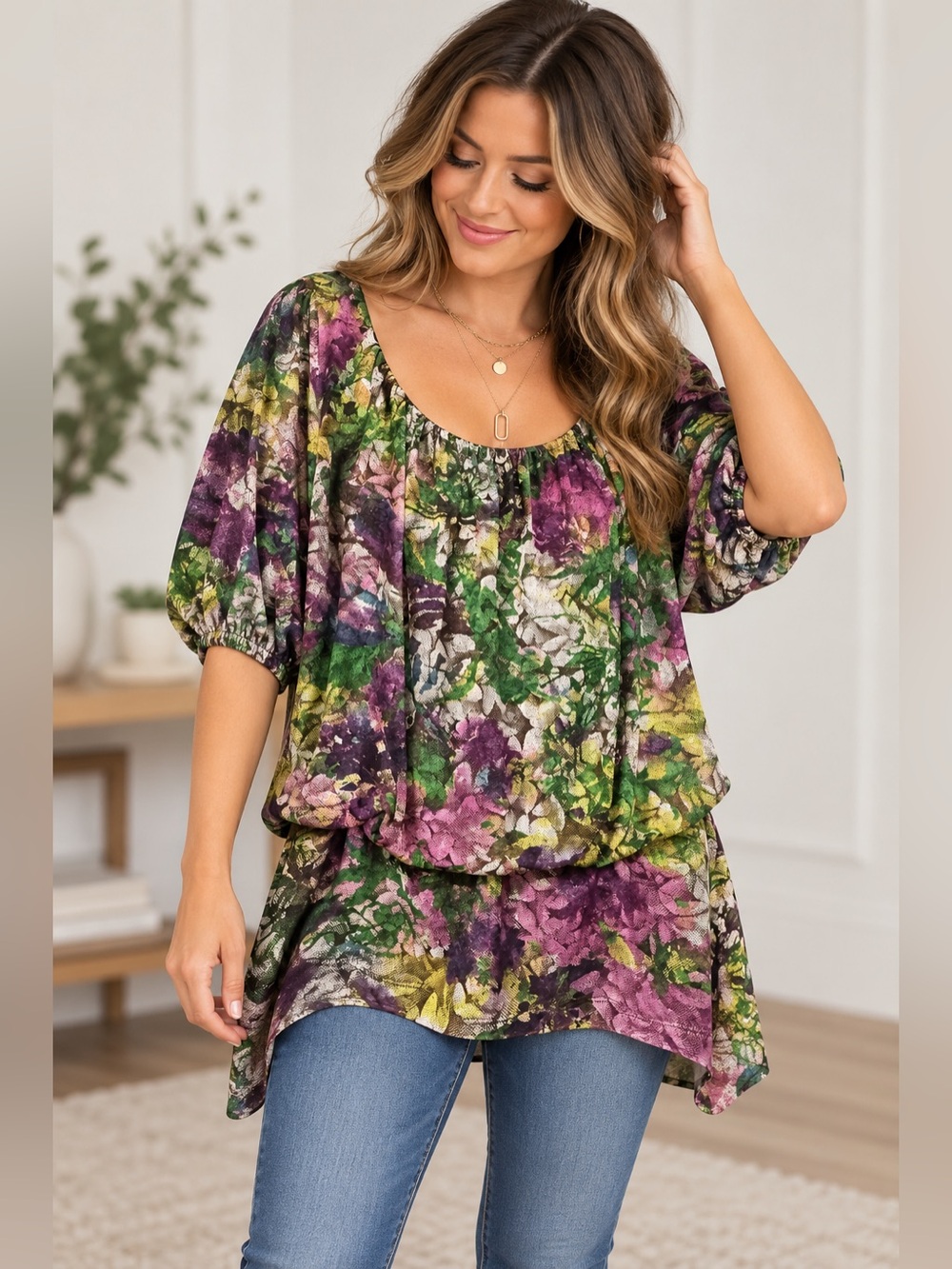 Karen Kane 0X Floral Blouson Tunic Top Purple Green Boho